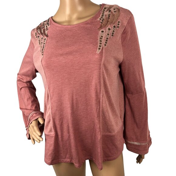 Miss Me Embellished Studded Knit Sweater Long Flare Sleeve Pink‎ Size M Boho Y2K - Picture 2 of 8